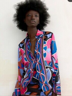 Zara Geometric Abstract Print Satin Effect Blouse Top Retro 70s